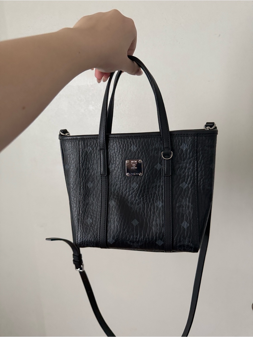 MCM Black Monogram Mini Tote with Crossbody Strap